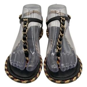 Chanel Black, Red & Gold Leather Braided Chain Thong Sandal 38